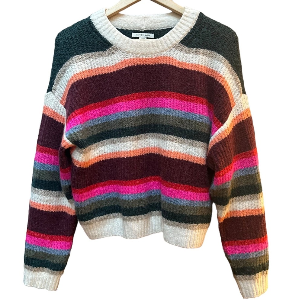 American‎ Eagle Sweater Multicolor Striped Cropped Crew Neck Cozy Boho Size M